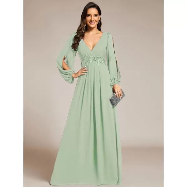 imageEverPretty Womens V Neck Long Sleeves Floor Length Ruched Chiffon Formal Dress 00461Mint Green