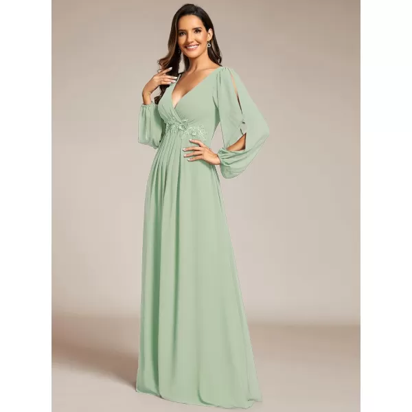 imageEverPretty Womens V Neck Long Sleeves Floor Length Ruched Chiffon Formal Dress 00461Mint Green
