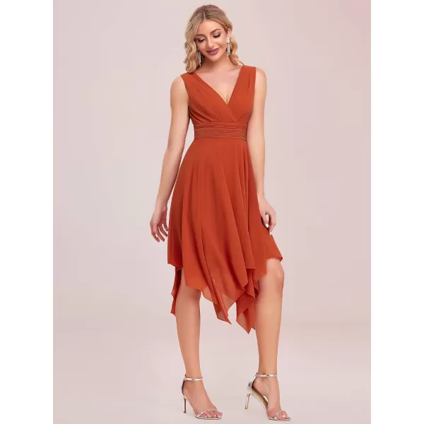 imageEverPretty Womens V Neck Pleated Waist Sleeveless Wedding Guest Dress Chiffon Irregular Hem Cocktail Dresses 03142Burnt Orange