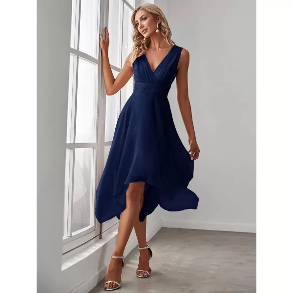 imageEverPretty Womens V Neck Pleated Waist Sleeveless Wedding Guest Dress Chiffon Irregular Hem Cocktail Dresses 03142Navy Blue