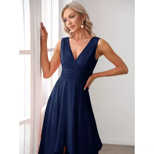 imageEverPretty Womens V Neck Pleated Waist Sleeveless Wedding Guest Dress Chiffon Irregular Hem Cocktail Dresses 03142Navy Blue