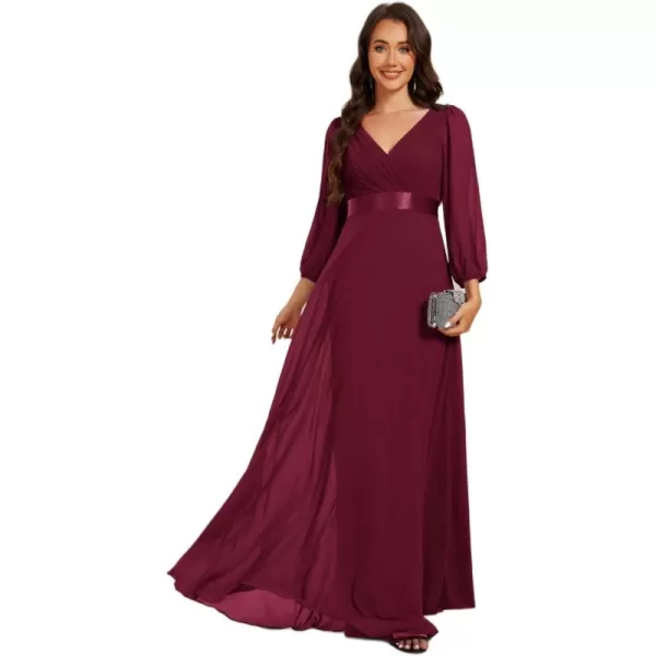 imageEverPretty Womens Chiffon ALine Floor Length V Neck Long Sleeves Pleated Maxi Formal Dress 03890Burgundy