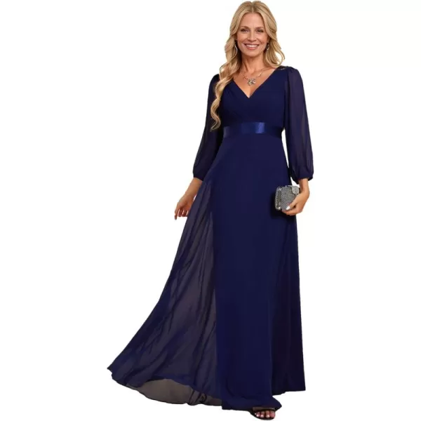 imageEverPretty Womens Chiffon ALine Floor Length V Neck Long Sleeves Pleated Maxi Formal Dress 03890Navy Blue