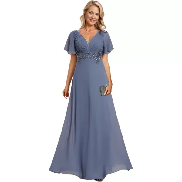 imageEverPretty Womens Chiffon Flutter Short Sleeves Appliques High Waist Fall Maxi Formal Dress 02237Dusty Navy