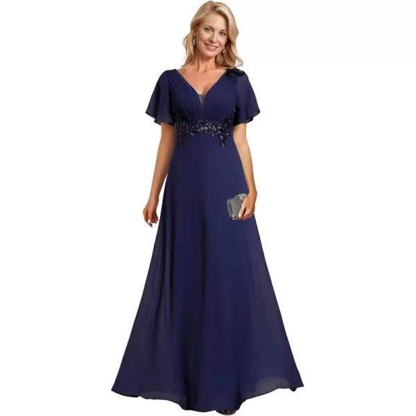 imageEverPretty Womens Chiffon Flutter Short Sleeves Appliques High Waist Fall Maxi Formal Dress 02237Navy Blue