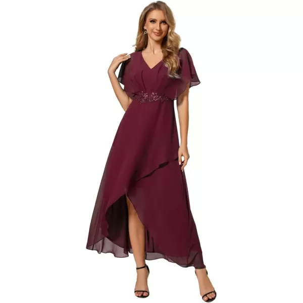 imageEverPretty Womens Formal Dress A Line V Neck Applique Waist Tea Length Wedding Guest Dress 02027Burgundy