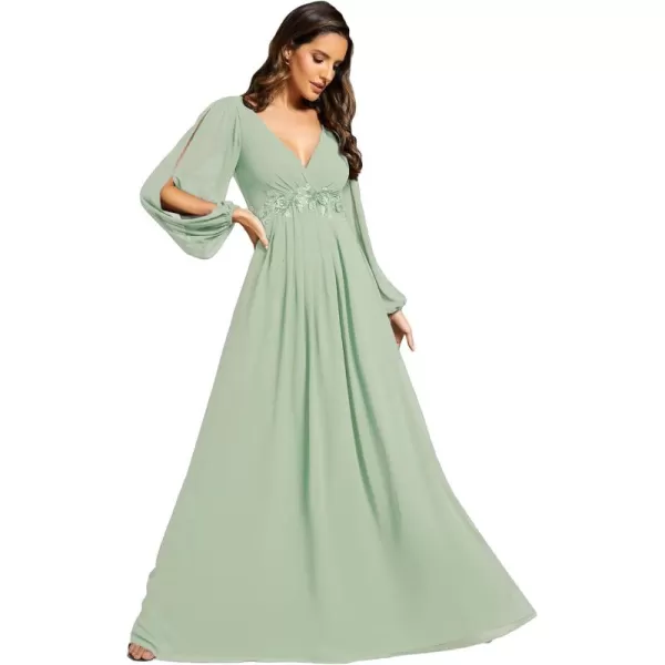 imageEverPretty Womens V Neck Long Sleeves Floor Length Ruched Chiffon Formal Dress 00461Mint Green