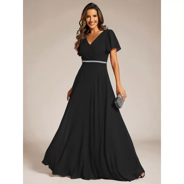 imageEverPretty Womens Chiffon Formal Dress ALine V Neck Ruffle Sleeves Floor Length Evening Gown 11981Black