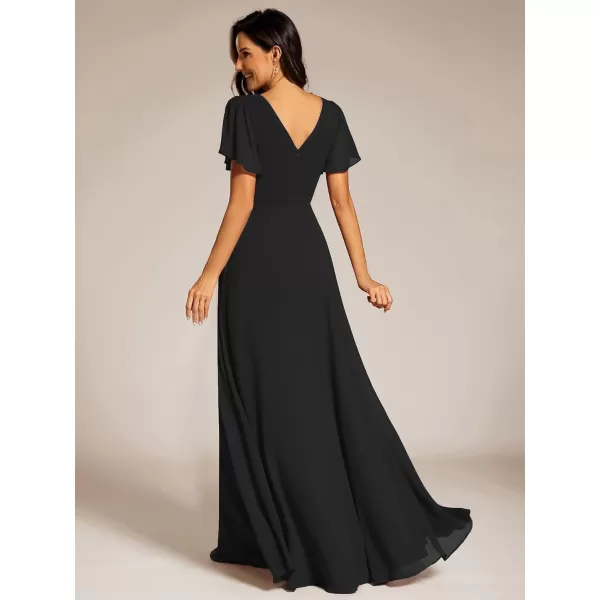 imageEverPretty Womens Chiffon Formal Dress ALine V Neck Ruffle Sleeves Floor Length Evening Gown 11981Black