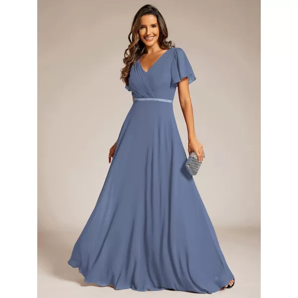 imageEverPretty Womens Chiffon Formal Dress ALine V Neck Ruffle Sleeves Floor Length Evening Gown 11981Dusty Navy