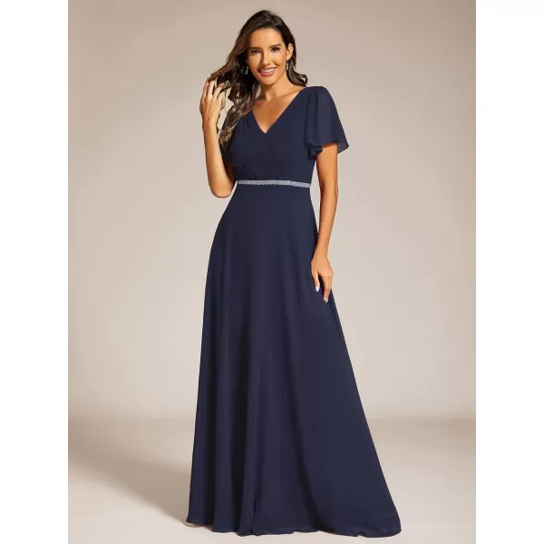 imageEverPretty Womens Chiffon Formal Dress ALine V Neck Ruffle Sleeves Floor Length Evening Gown 11981Navy Blue