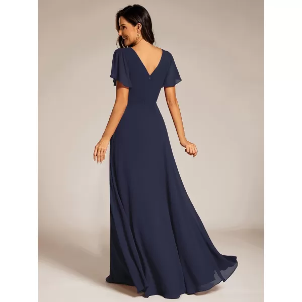 imageEverPretty Womens Chiffon Formal Dress ALine V Neck Ruffle Sleeves Floor Length Evening Gown 11981Navy Blue