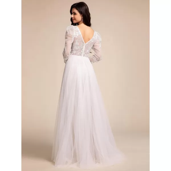 imageEverPretty Womens Double V Neck Long Sleeves Applique SeeThrough A Line Tulle Wedding Dresses for Bride 02186Ivory