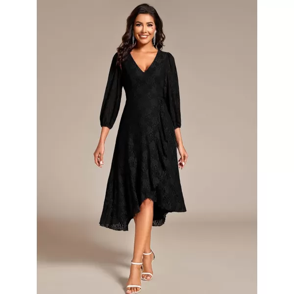 imageEverPretty Womens Elegant V Neck Lace Long Sleeves A Line Ruffles Hem Midi Length Wedding Guest Dress 02238Black