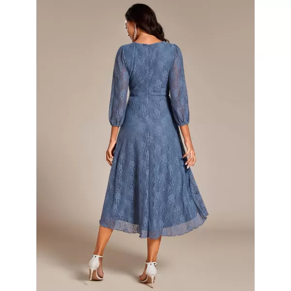 imageEverPretty Womens Elegant V Neck Lace Long Sleeves A Line Ruffles Hem Midi Length Wedding Guest Dress 02238Dusty Navy