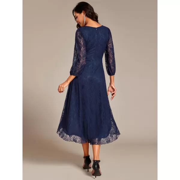 imageEverPretty Womens Elegant V Neck Lace Long Sleeves A Line Ruffles Hem Midi Length Wedding Guest Dress 02238Navy Blue