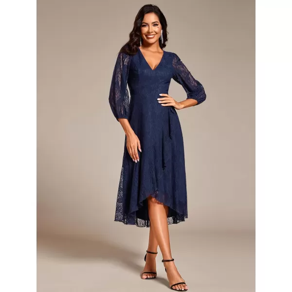 imageEverPretty Womens Elegant V Neck Lace Long Sleeves A Line Ruffles Hem Midi Length Wedding Guest Dress 02238Navy Blue