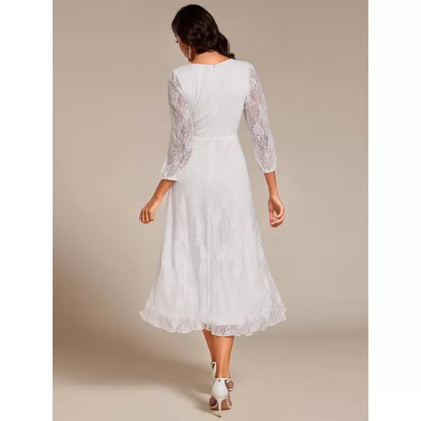 imageEverPretty Womens Elegant V Neck Lace Long Sleeves A Line Ruffles Hem Midi Length Wedding Guest Dress 02238White