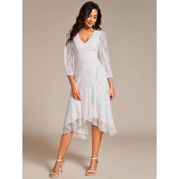 imageEverPretty Womens Elegant V Neck Lace Long Sleeves A Line Ruffles Hem Midi Length Wedding Guest Dress 02238White