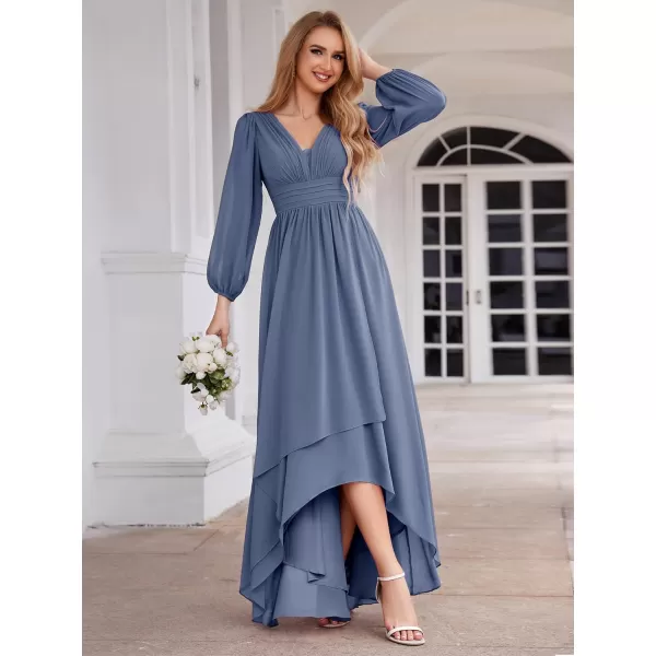 imageEverPretty Womens Fall Lantern Sleeve A Line High Low Bridesmaid Dresses 02043Dusty Navy