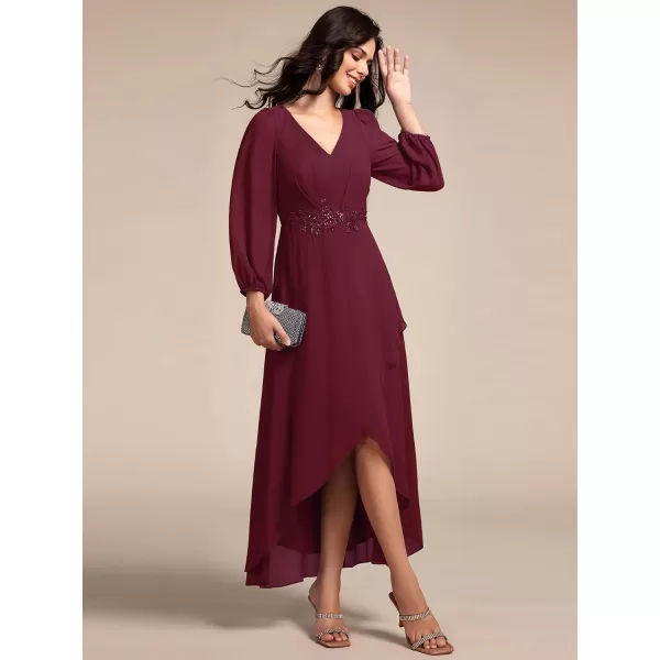 imageEverPretty Womens Long Sleeves V Neck A Line Appliques Midi Chiffon Maxi Formal Dresses 03027Burgundy