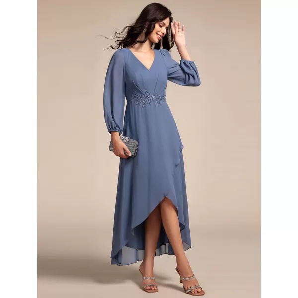 imageEverPretty Womens Long Sleeves V Neck A Line Appliques Midi Chiffon Maxi Formal Dresses 03027Dusty Navy