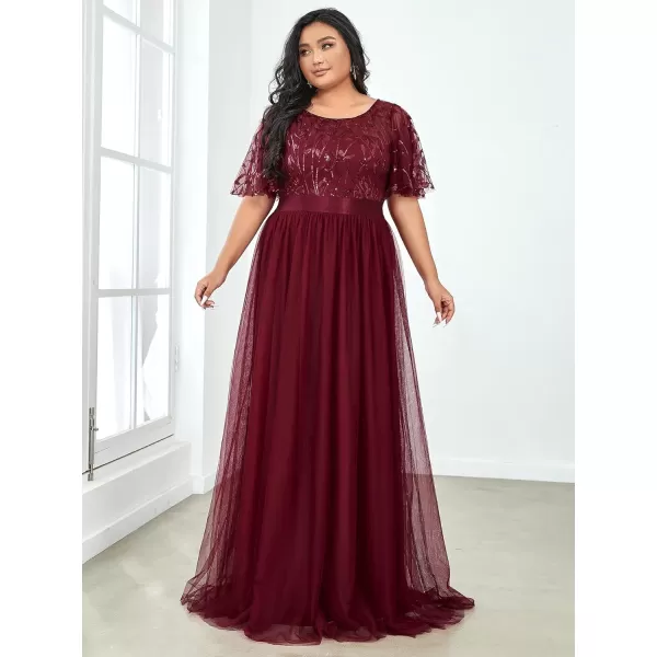 imageEverPretty Womens Round Neck Short Sleeves Plus Size ALine Tulle Sequin Formal Evening Dresses 0904DA2Burgundy