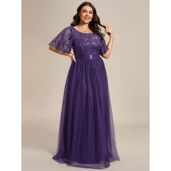 imageEverPretty Womens Round Neck Short Sleeves Plus Size ALine Tulle Sequin Formal Evening Dresses 0904DA2Deep Purple