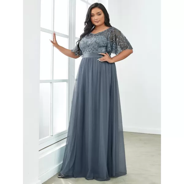 imageEverPretty Womens Round Neck Short Sleeves Plus Size ALine Tulle Sequin Formal Evening Dresses 0904DA2Dusty Blue