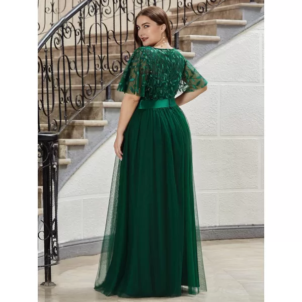 imageEverPretty Womens Round Neck Short Sleeves Plus Size ALine Tulle Sequin Formal Evening Dresses 0904DA2Green