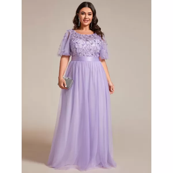 imageEverPretty Womens Round Neck Short Sleeves Plus Size ALine Tulle Sequin Formal Evening Dresses 0904DA2Lavender