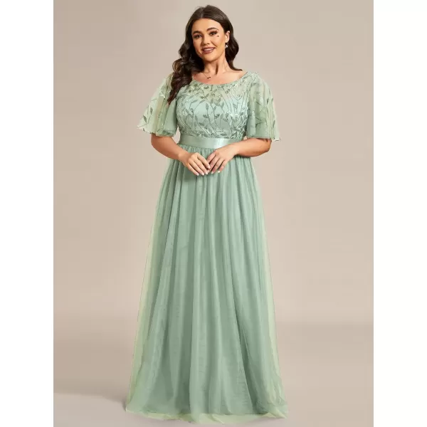 imageEverPretty Womens Round Neck Short Sleeves Plus Size ALine Tulle Sequin Formal Evening Dresses 0904DA2Mint Green