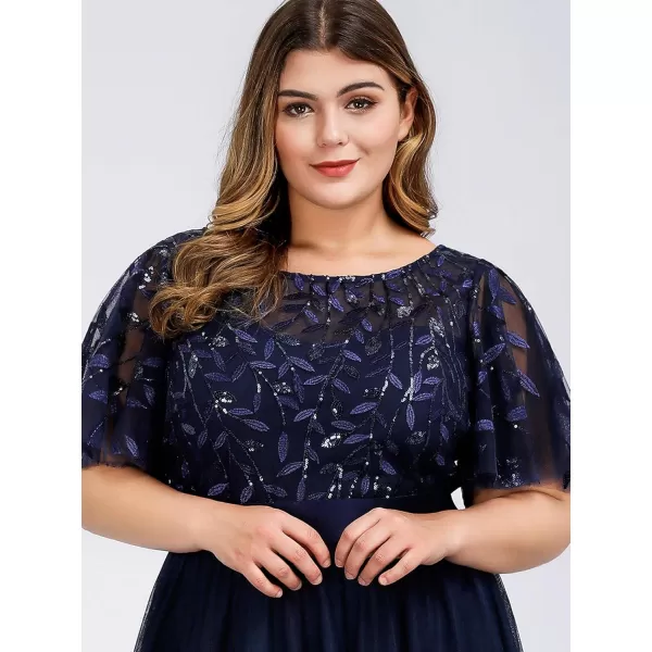 imageEverPretty Womens Round Neck Short Sleeves Plus Size ALine Tulle Sequin Formal Evening Dresses 0904DA2Navy Blue