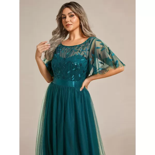 imageEverPretty Womens Round Neck Short Sleeves Plus Size ALine Tulle Sequin Formal Evening Dresses 0904DA2Teal