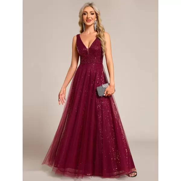 imageEverPretty Womens V Neck Sleeveless Formal Dresses A Line Sequin Maxi Evening Dresses 02163Burgundy