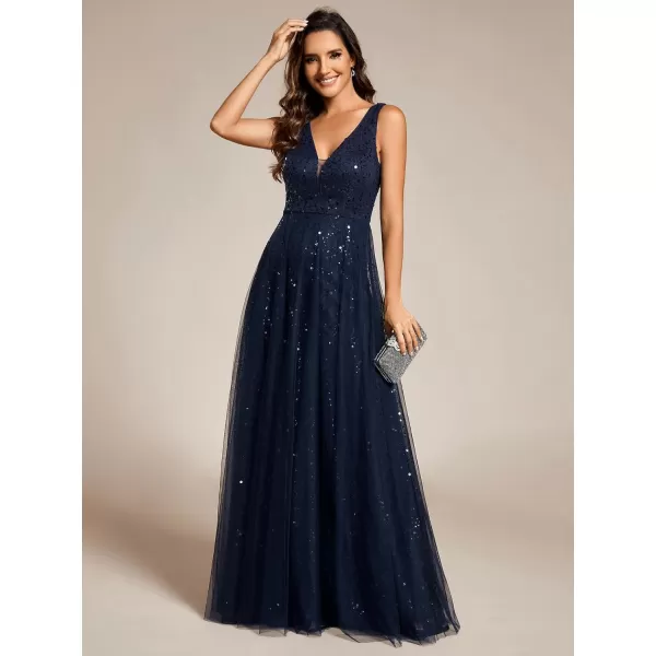 imageEverPretty Womens V Neck Sleeveless Formal Dresses A Line Sequin Maxi Evening Dresses 02163Navy Blue