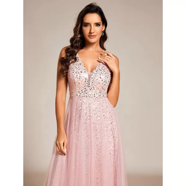 imageEverPretty Womens V Neck Sleeveless Formal Dresses A Line Sequin Maxi Evening Dresses 02163Pink