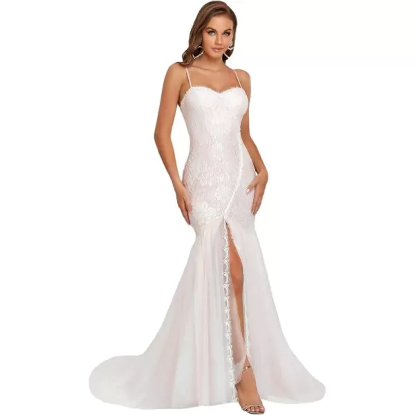 imageEverPretty Women Spaghetti Straps Long Lace Applique Bodycon Side Slit Mermaid Wedding Dress 90355Cream