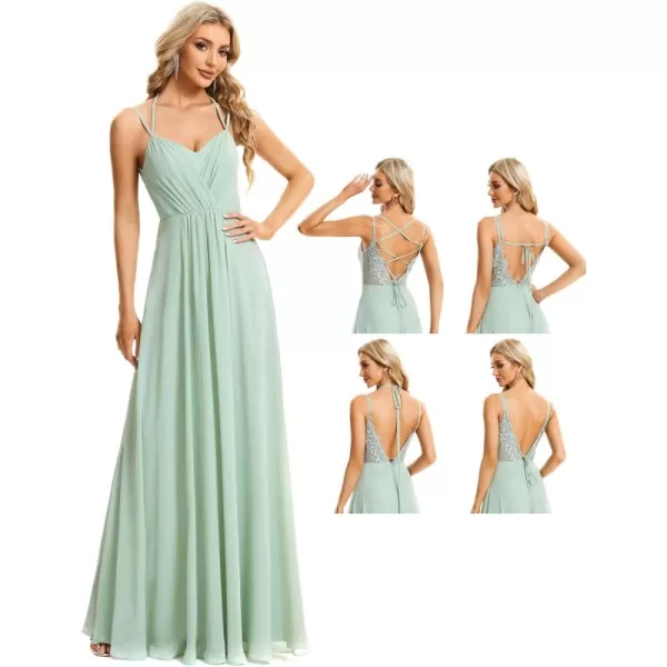 imageEverPretty Womens Chiffon Bridesmaid Dress VNeck Backless Ruched ALine Maxi Formal Dresses 01692Mint Green