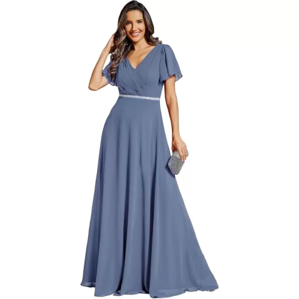 imageEverPretty Womens Chiffon Formal Dress ALine V Neck Ruffle Sleeves Floor Length Evening Gown 11981Dusty Navy