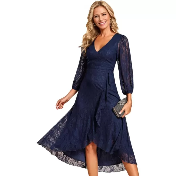 imageEverPretty Womens Elegant V Neck Lace Long Sleeves A Line Ruffles Hem Midi Length Wedding Guest Dress 02238Navy Blue