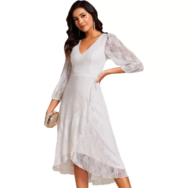 imageEverPretty Womens Elegant V Neck Lace Long Sleeves A Line Ruffles Hem Midi Length Wedding Guest Dress 02238White