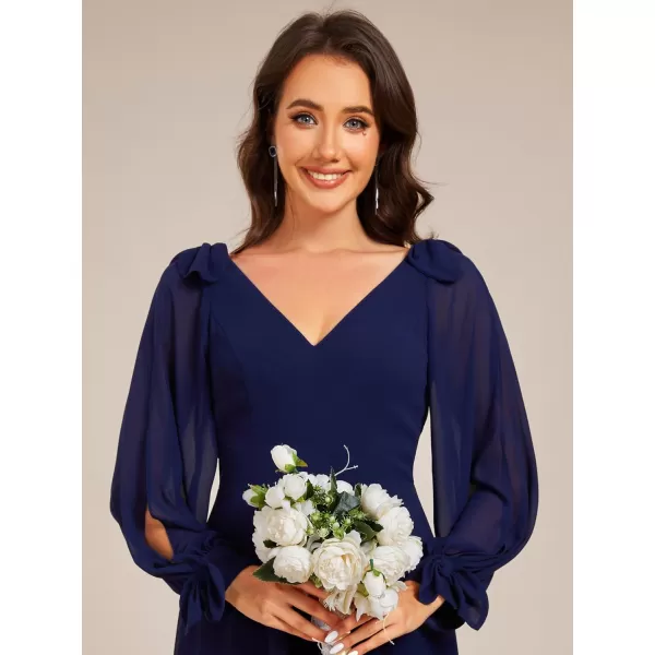 imageEverPretty Womens Chiffon Formal Dress Long Sleeve Ruched High Low Midi Length A Line Bridesmaid Dresses 02269Navy Blue