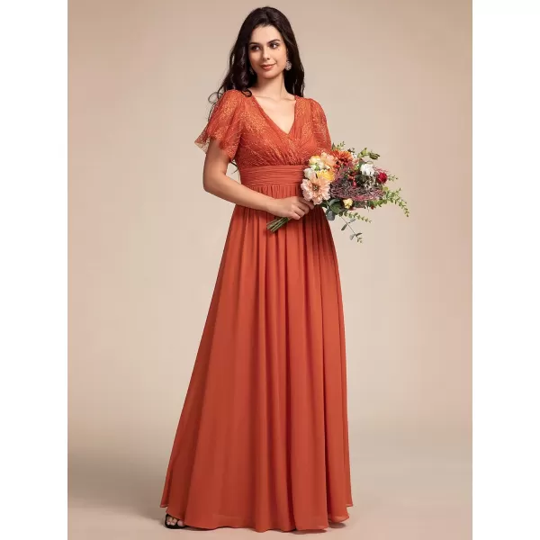 imageEverPretty Womens V Neck Short Sleeves Lace Embroidery Bridesmaid Dresses SeeThrough A Line Summer Dress 02196Burnt Orange