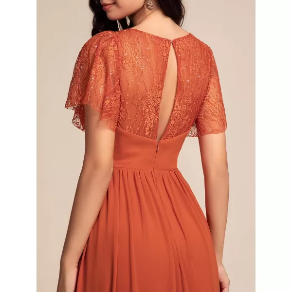 imageEverPretty Womens V Neck Short Sleeves Lace Embroidery Bridesmaid Dresses SeeThrough A Line Summer Dress 02196Burnt Orange