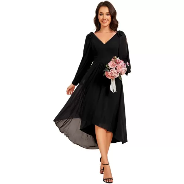 imageEverPretty Womens Chiffon Formal Dress Long Sleeve Ruched High Low Midi Length A Line Bridesmaid Dresses 02269Black