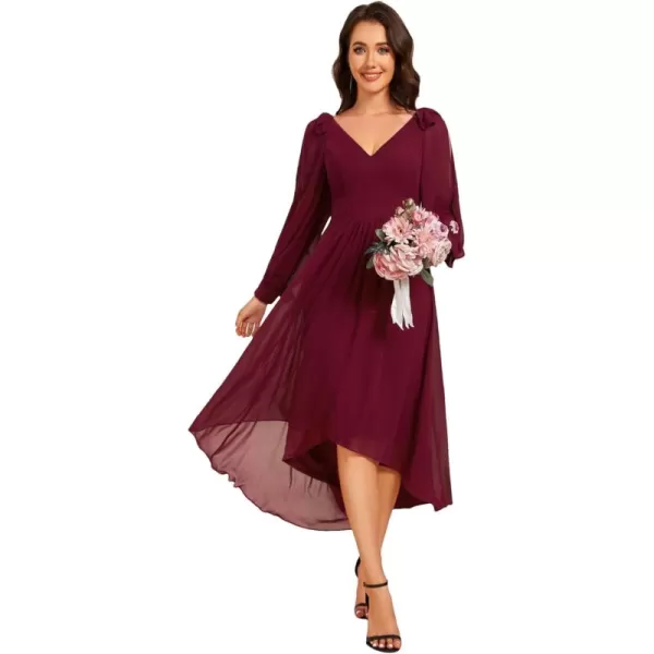 imageEverPretty Womens Chiffon Formal Dress Long Sleeve Ruched High Low Midi Length A Line Bridesmaid Dresses 02269Burgundy