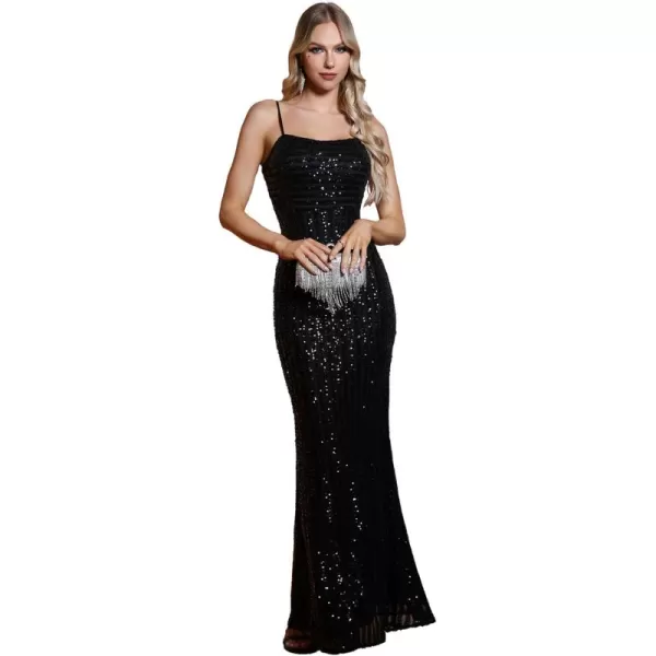 imageEverPretty Womens Sequins Fishtail Spaghettic Strap UNeck Sleeveless Floor Length Formal Evening Dresses 02171Black