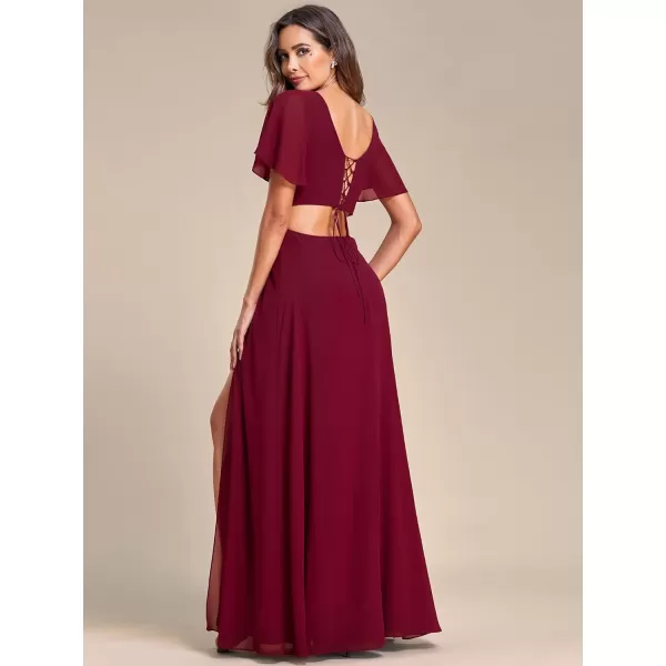 imageEverPretty Womens Round Neck Ruffles Sleeves Lace Up Back Thigh High Slit Chiffon Maxi Evening Dresses 01384