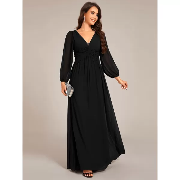 imageEverPretty Womens VNeck Lantern Sleeves ALine Pleated Chiffon Maxi Formal Dress 02235Black